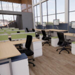 STRETCH - Workstations with green screens and Single Sit Stands with Navy fabric screens and High Back Brode Chairs