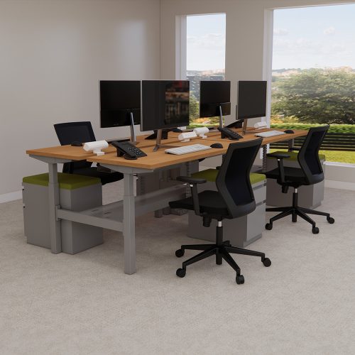 DOUBLE Sit-stands workstations with Pedestals-with-green-cushion-and-mid-back-Brodes