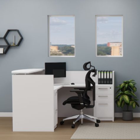 Designer White Reception-Desk and Vegan Vito Chair with Headrest and Coat hanger