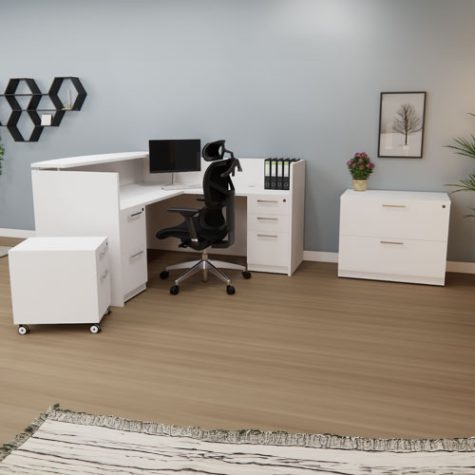 Designer White Reception Desk with white Mobile Pedestal and Storage Drawers