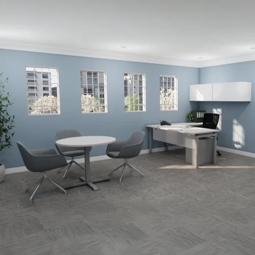 Stretch Private Office with Designer White finish L-shape desk and overhead storage with circle meeting table and SYS guest chairs