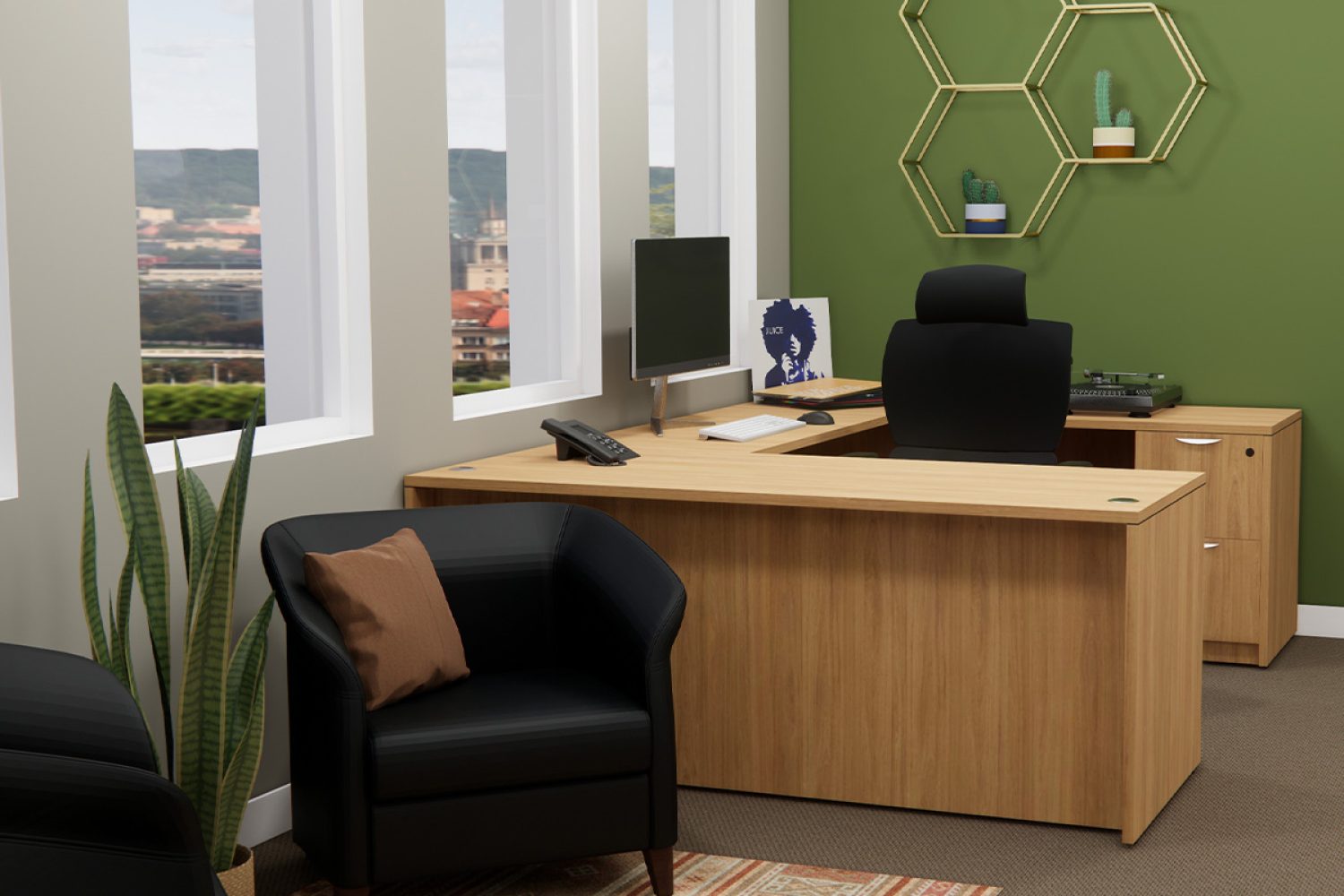 Two Blandford Club Chairs in private office with Harvest Walnut U-shpae Desk - 1200x1200px